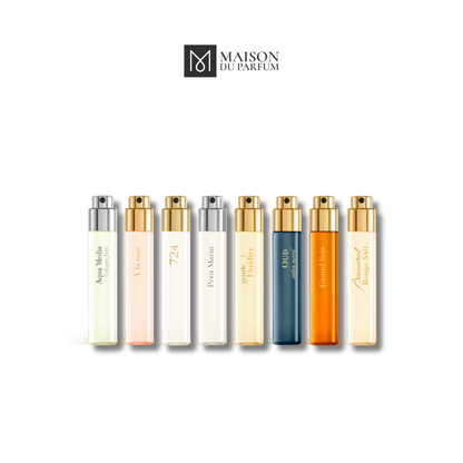 Thiết kế sang trọng của MFK Discovery Collection For Her – hộp trắng, viền vàng tinh tế.